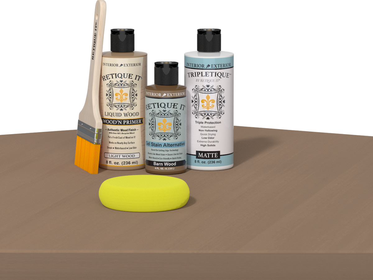 Retique It® Wood'n Finish Kit in Barn Wood for interior wood furniture with a smooth finish, includes top coat for a polished look.