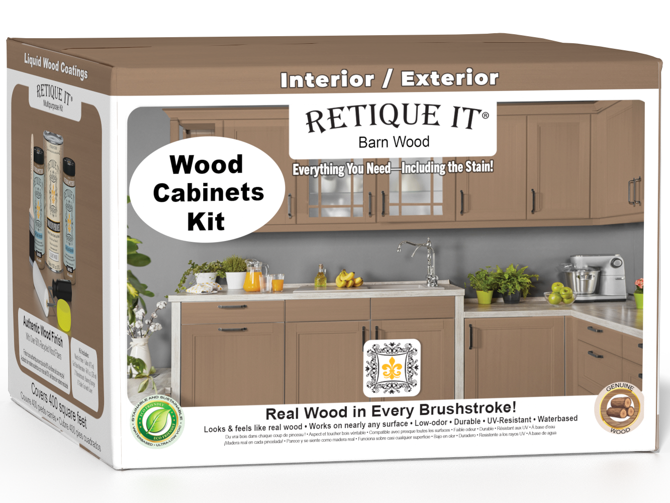 Retique It® Wood'n Cabinet Kit with 48 smooth barn wood stained cabinet doors, ideal for kitchen or bathroom renovation.