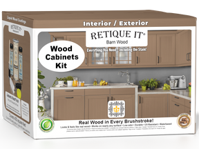 Retique It® Wood'n Cabinet Kit with 48 smooth barn wood stained cabinet doors, ideal for kitchen or bathroom renovation.