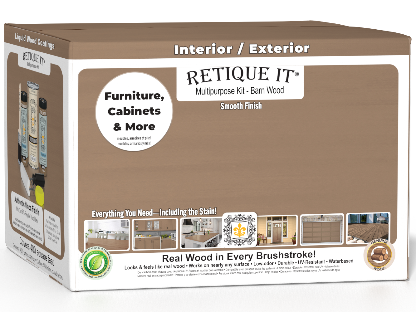Retique It® Multi-purpose Smooth Finish Kit in barn wood for exterior top coat with a matte finish, including four large wood finish bottles.