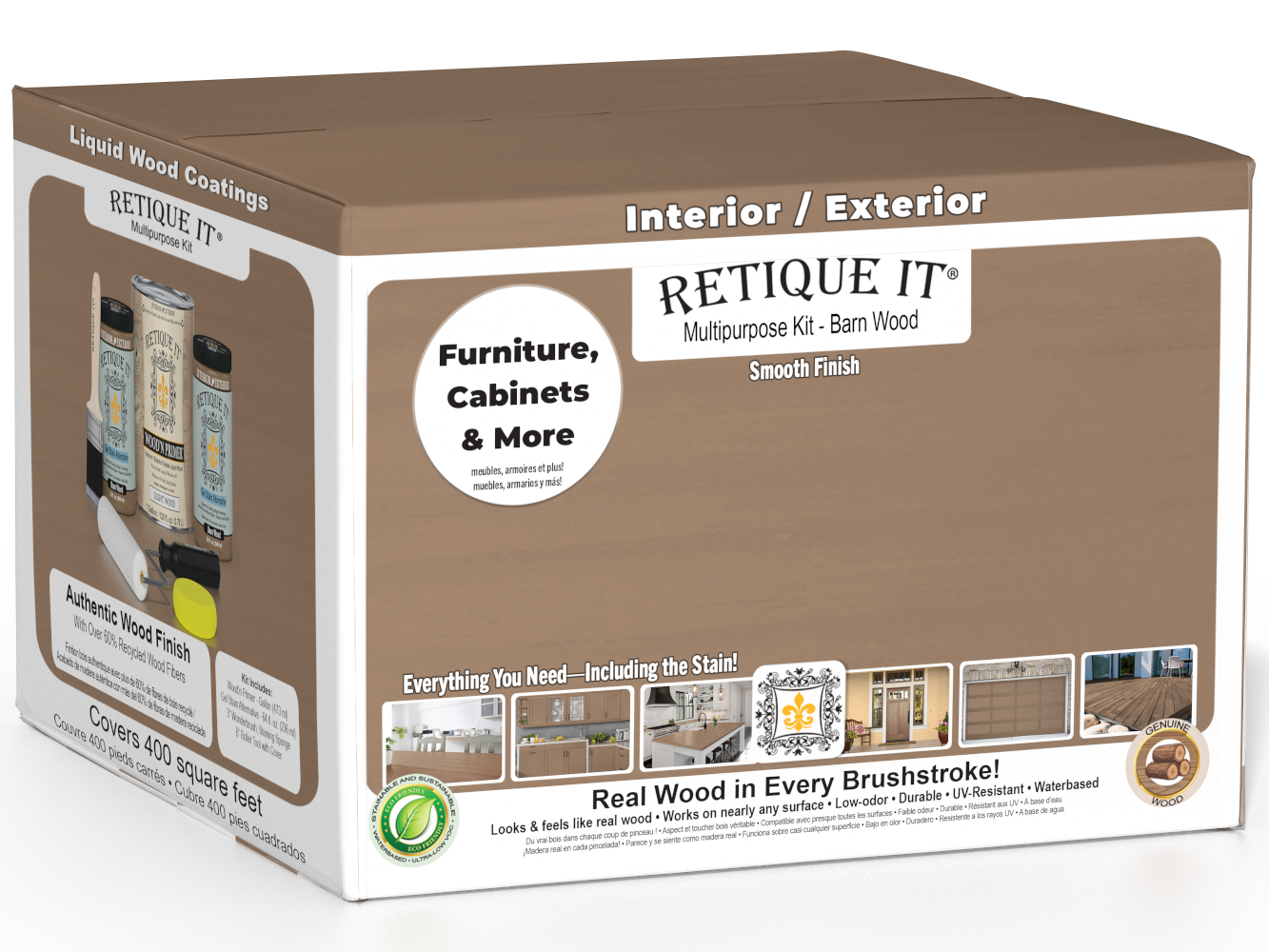Retique It® Multi-purpose Smooth Finish Kit in Barn Wood for exterior top coat, featuring four large wood finish containers with matte finish.
