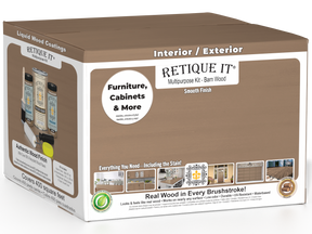 Retique It® Multi-purpose Smooth Finish Kit in Barn Wood for exterior top coat, featuring four large wood finish containers with matte finish.