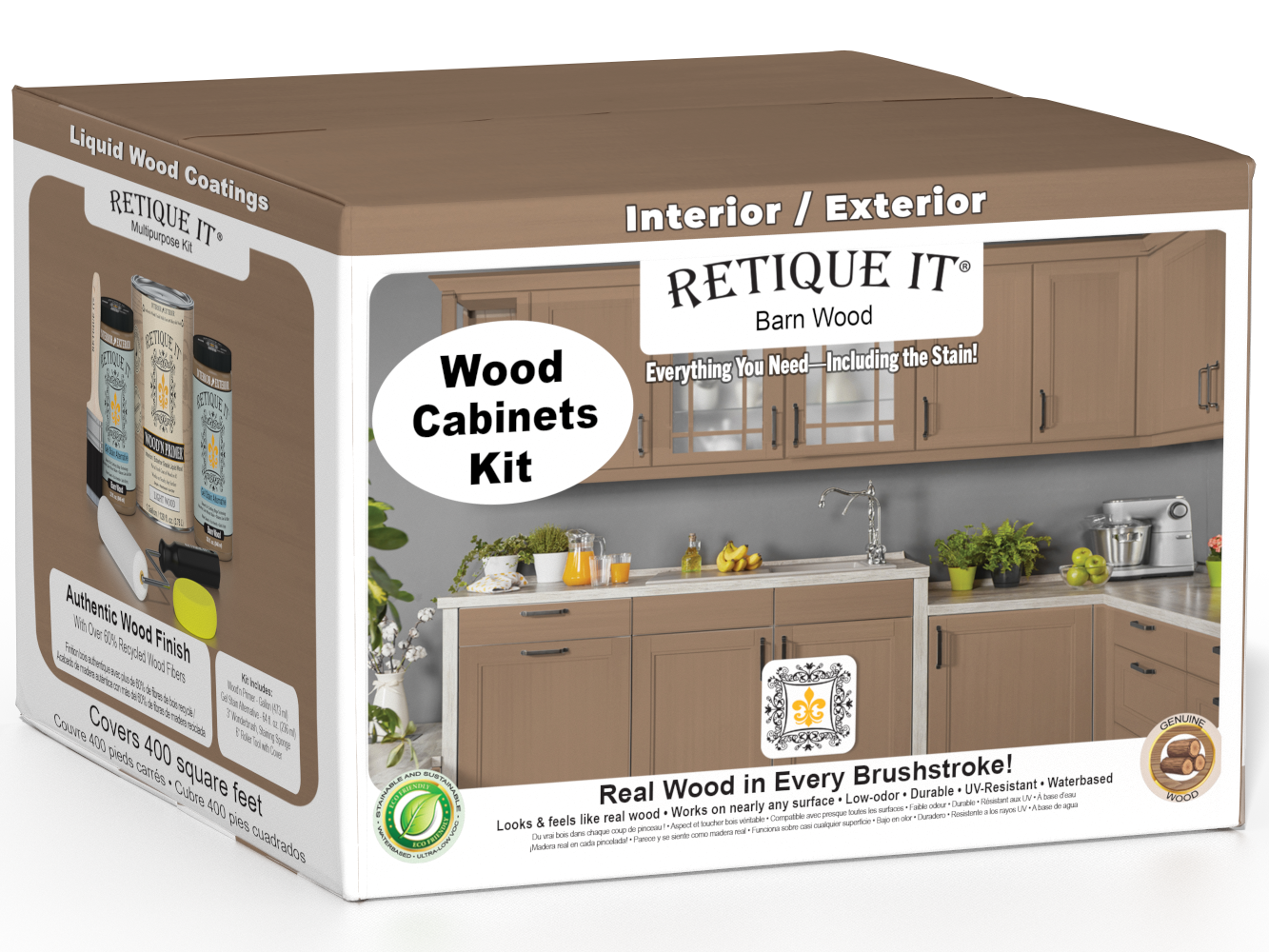 Retique It® Wood'n Cabinet Kit with 48 barn wood-style doors and smooth finish, featuring stain options for custom cabinetry.