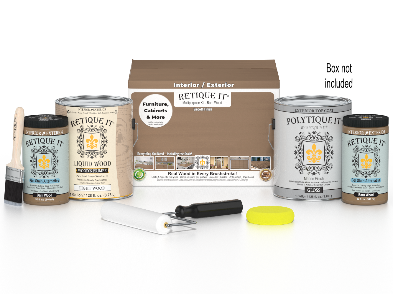 Retique It® Multi-purpose Smooth Finish Kit (4x Large) in barn wood for exterior wood top coating, includes application tools and instructions.