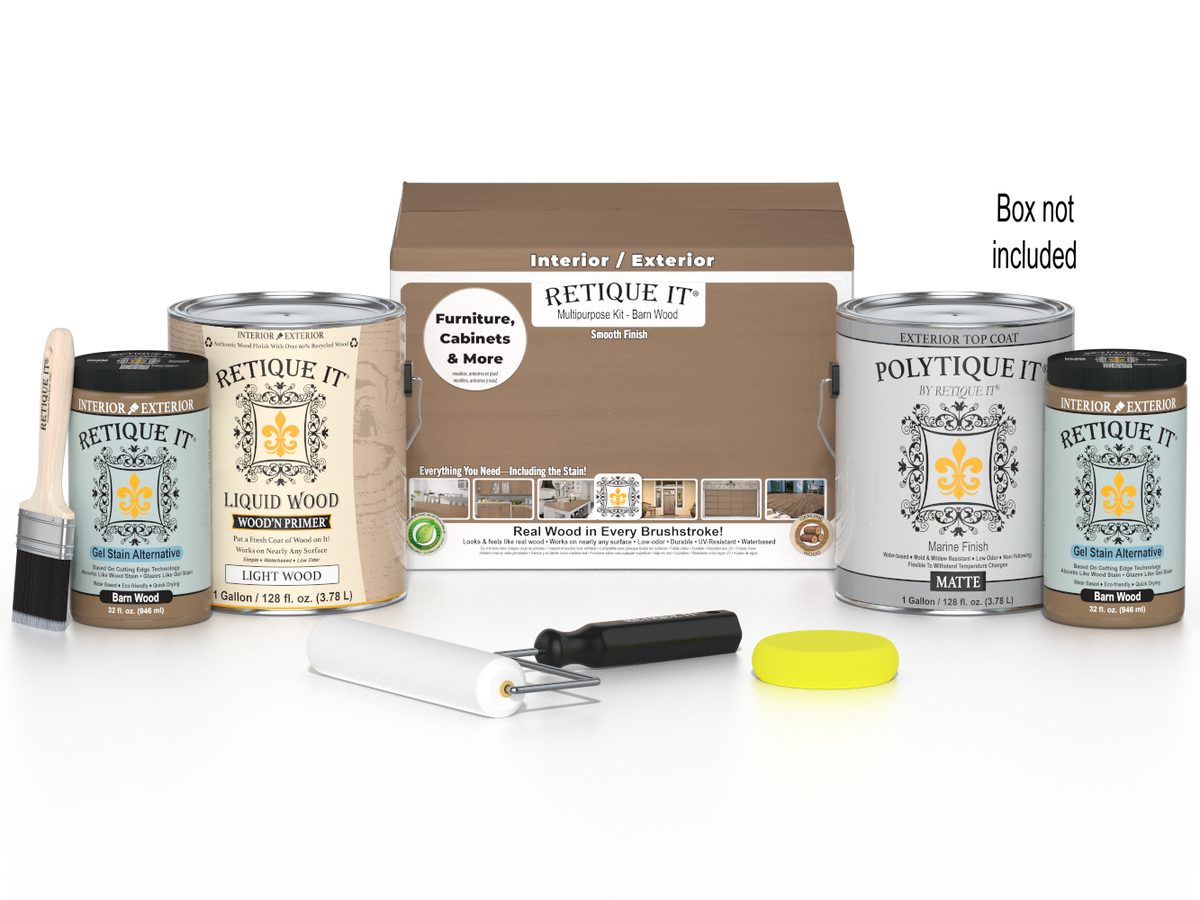 Retique It® Multi-purpose Smooth Finish Kit in barn wood for exterior top coat, featuring a matte finish on large wood surfaces.