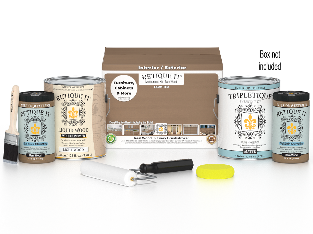 Retique It® wood finish kit with four large barn wood top coat bottles and applicator box, designed for interior wood projects.