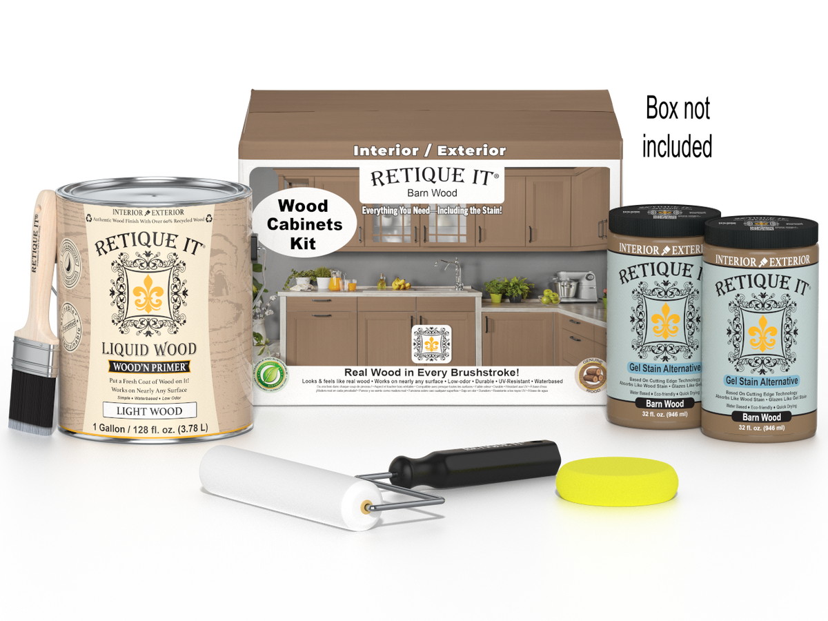 Retique It® Wood'n Cabinet Kit with 48 smooth barn wood doors, stain finish, showing assembled cabinets and packaging.