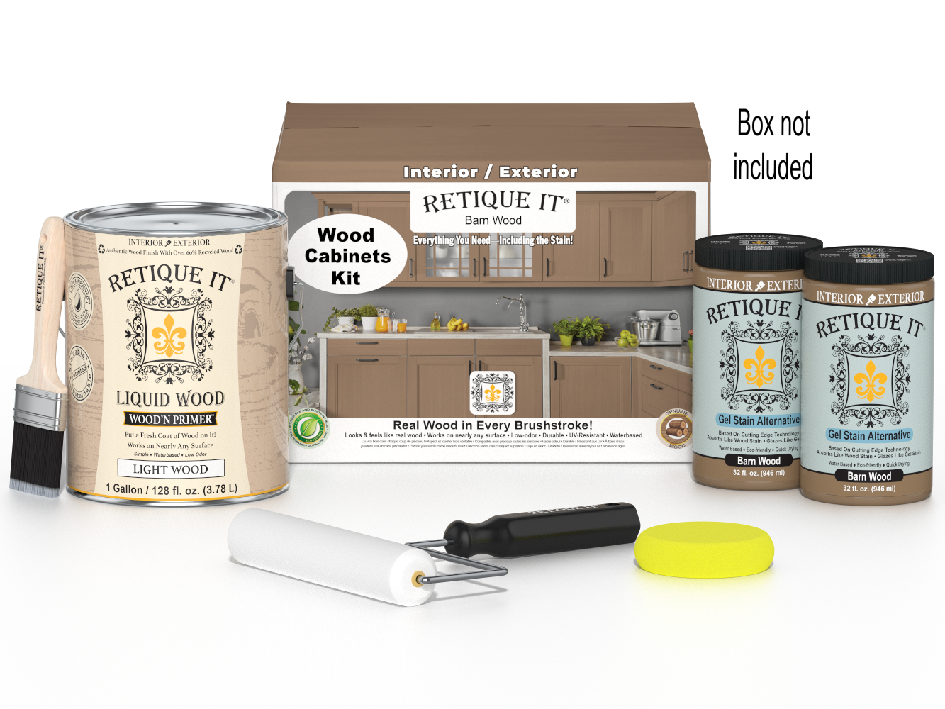 Retique It® Wood'n Cabinet Kit with 48 smooth barn wood doors, stain finish, showing assembled cabinets and packaging.