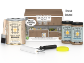 Retique It® Wood'n Cabinet Kit with 48 smooth barn wood doors, stain finish, showing assembled cabinets and packaging.