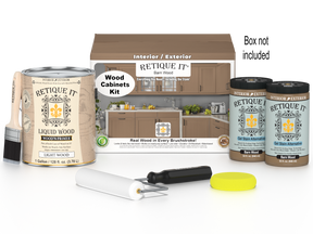 Retique It® Wood'n Cabinet Kit with 48 smooth barn wood doors, stain finish, showing assembled cabinets and packaging.