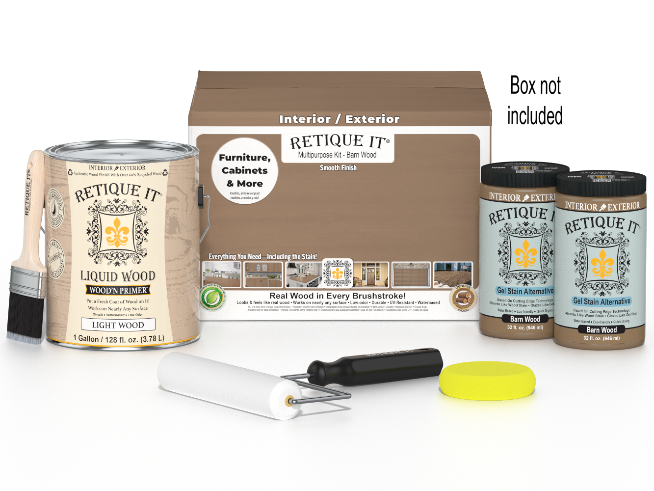 Retique It® Barn Wood Multi-purpose Smooth Finish Kit, 4-piece large set, with wood finish tools and supplies on a white background.