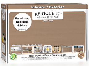 Retique It® Multi-purpose Smooth Finish Kit in Barn Wood, medium size, with wood stain and finishing tools in the box.