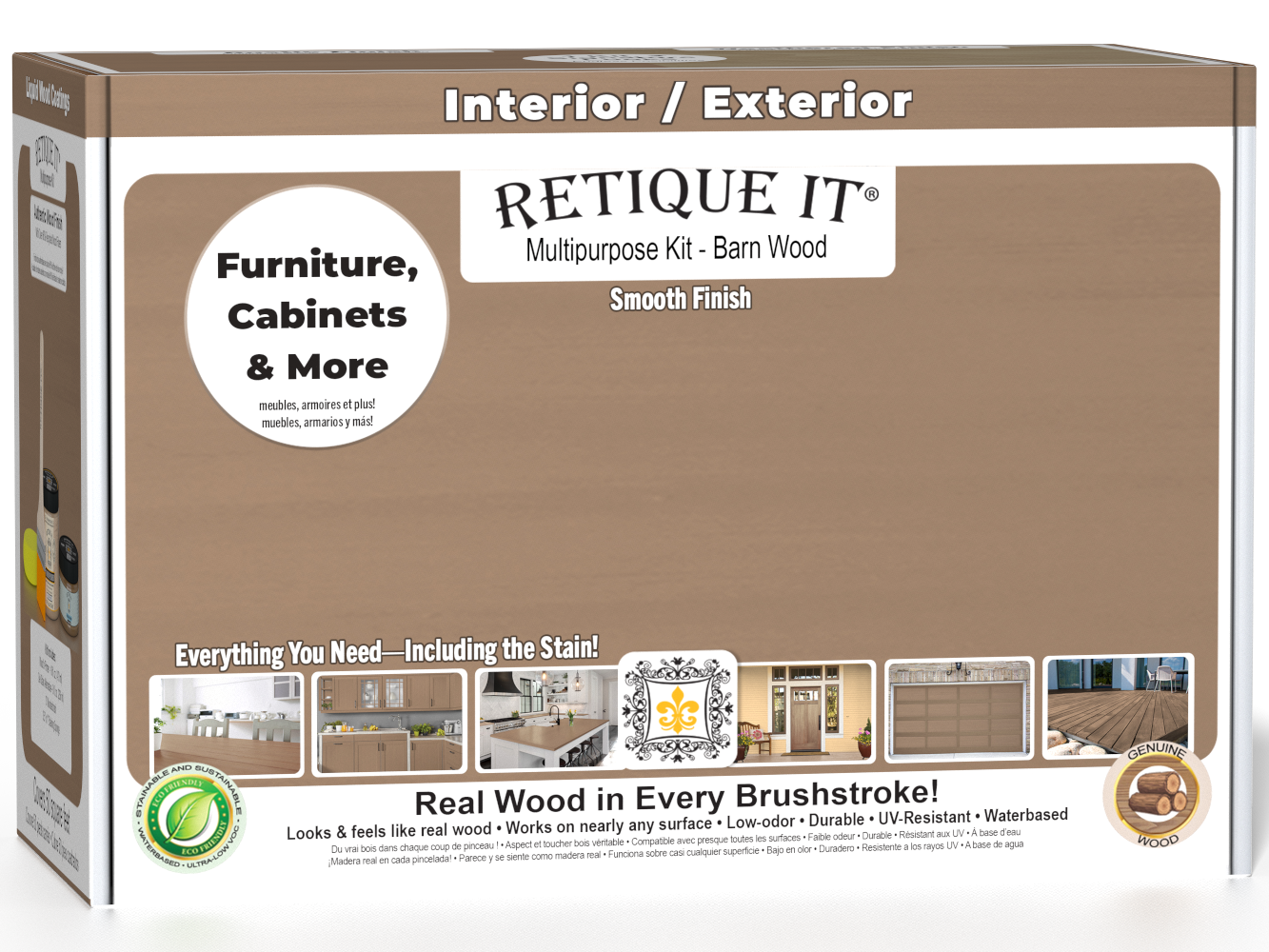 Retique It® Multi-purpose Smooth Finish Kit in Barn Wood for exterior use, matte top coat, includes wood finish and application tools.