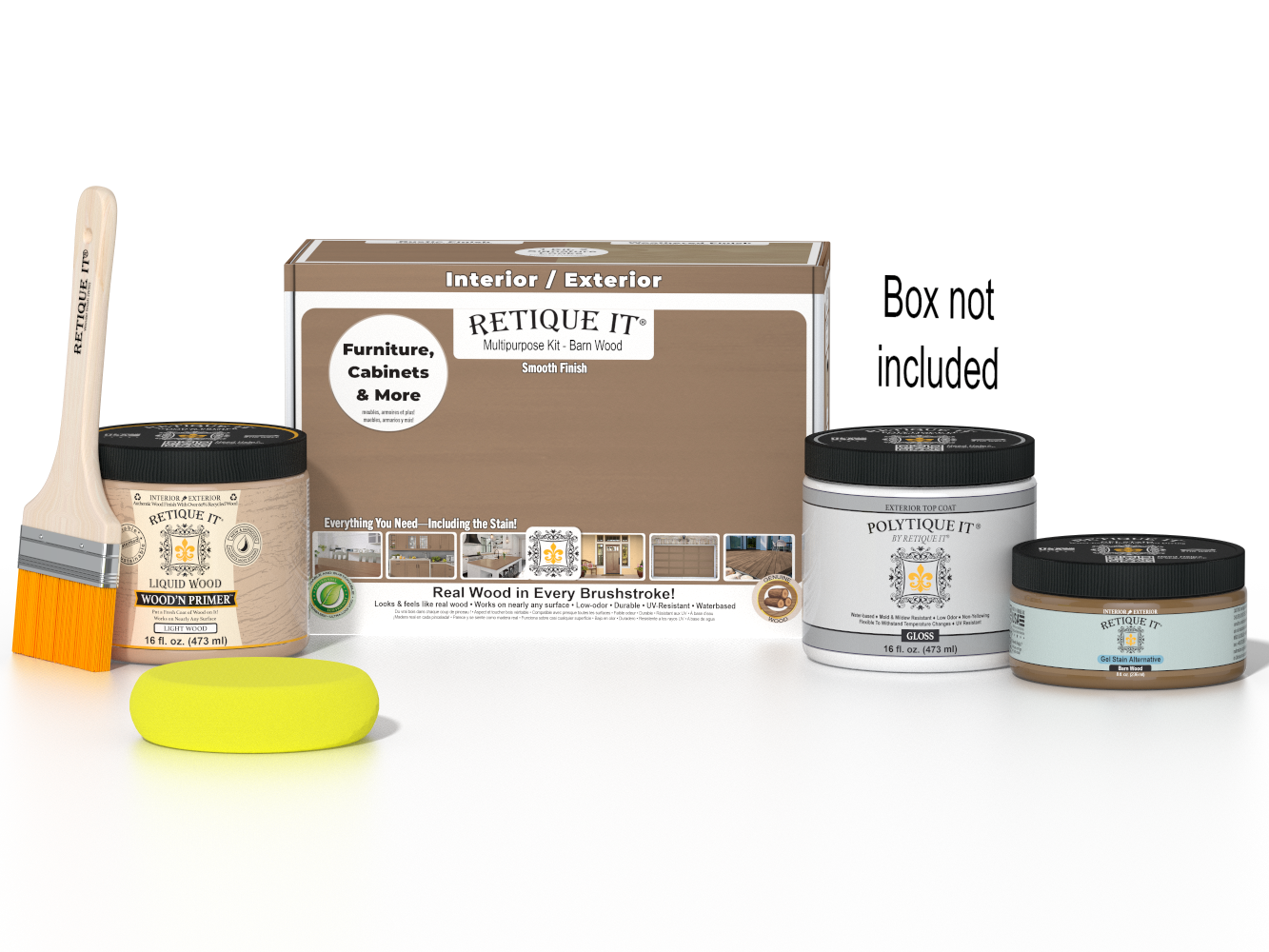 Retique It® Multi-purpose Smooth Finish Kit in Barn Wood for exterior wood projects, includes top coat and applicator tools.
