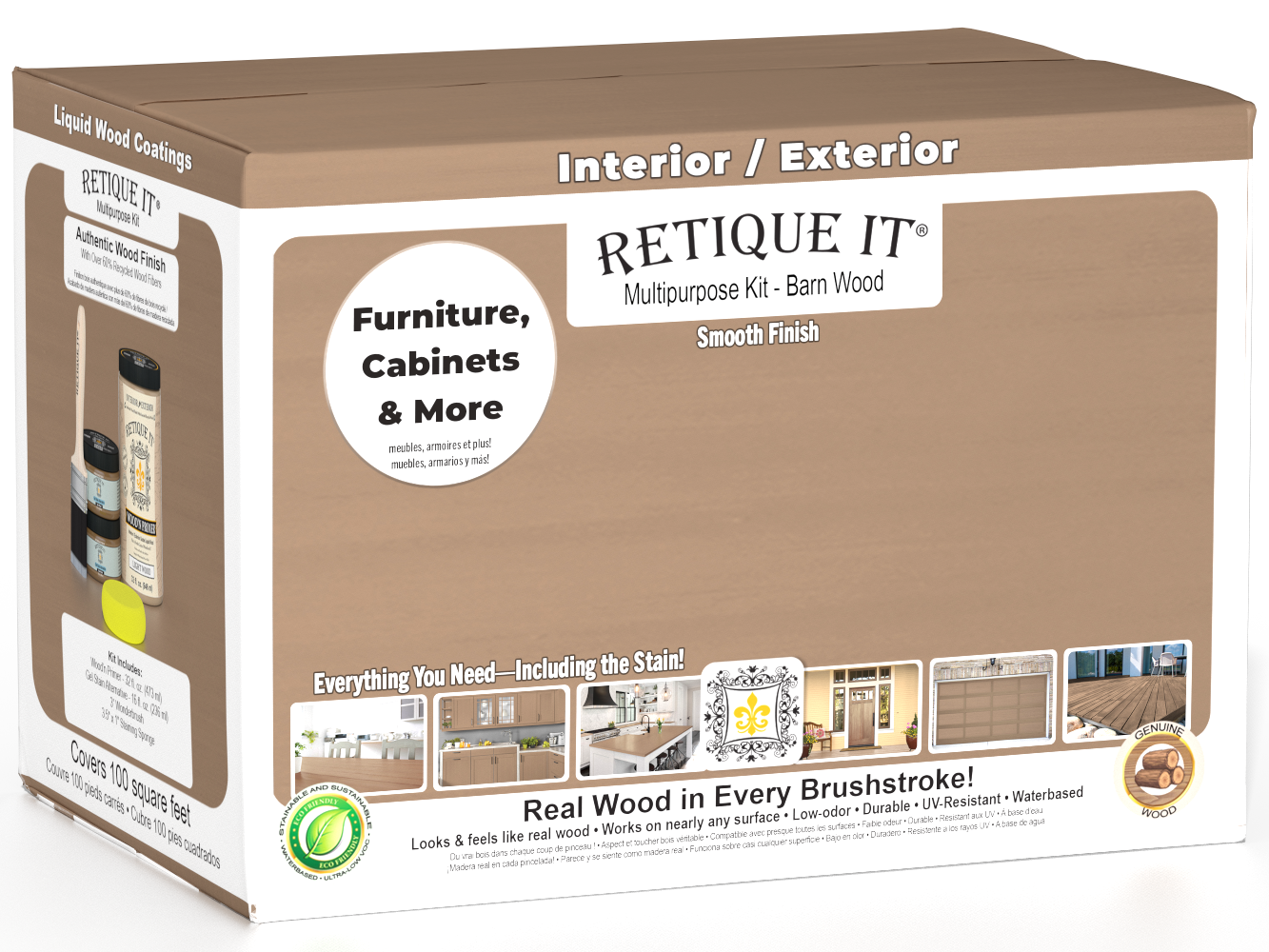 Large Barn Wood Multi-purpose Smooth Finish Kit by Retique It® for interior top coat in matte, designed for wood finishing projects.