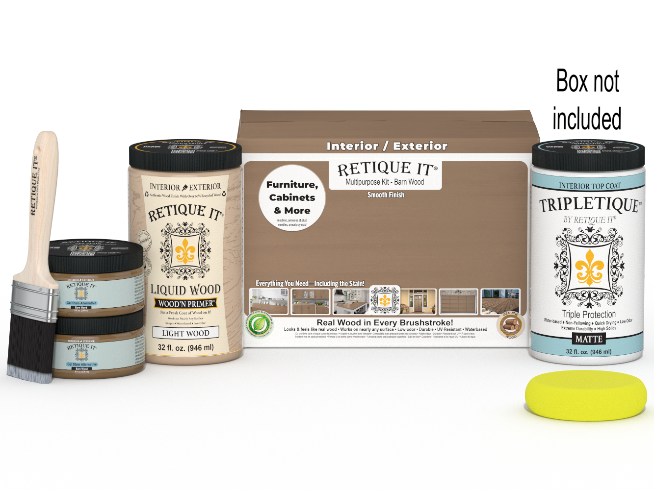 Large Barn Wood Multi-purpose Smooth Finish Kit by Retique It® for interior top coating, includes wood finish and application tools.