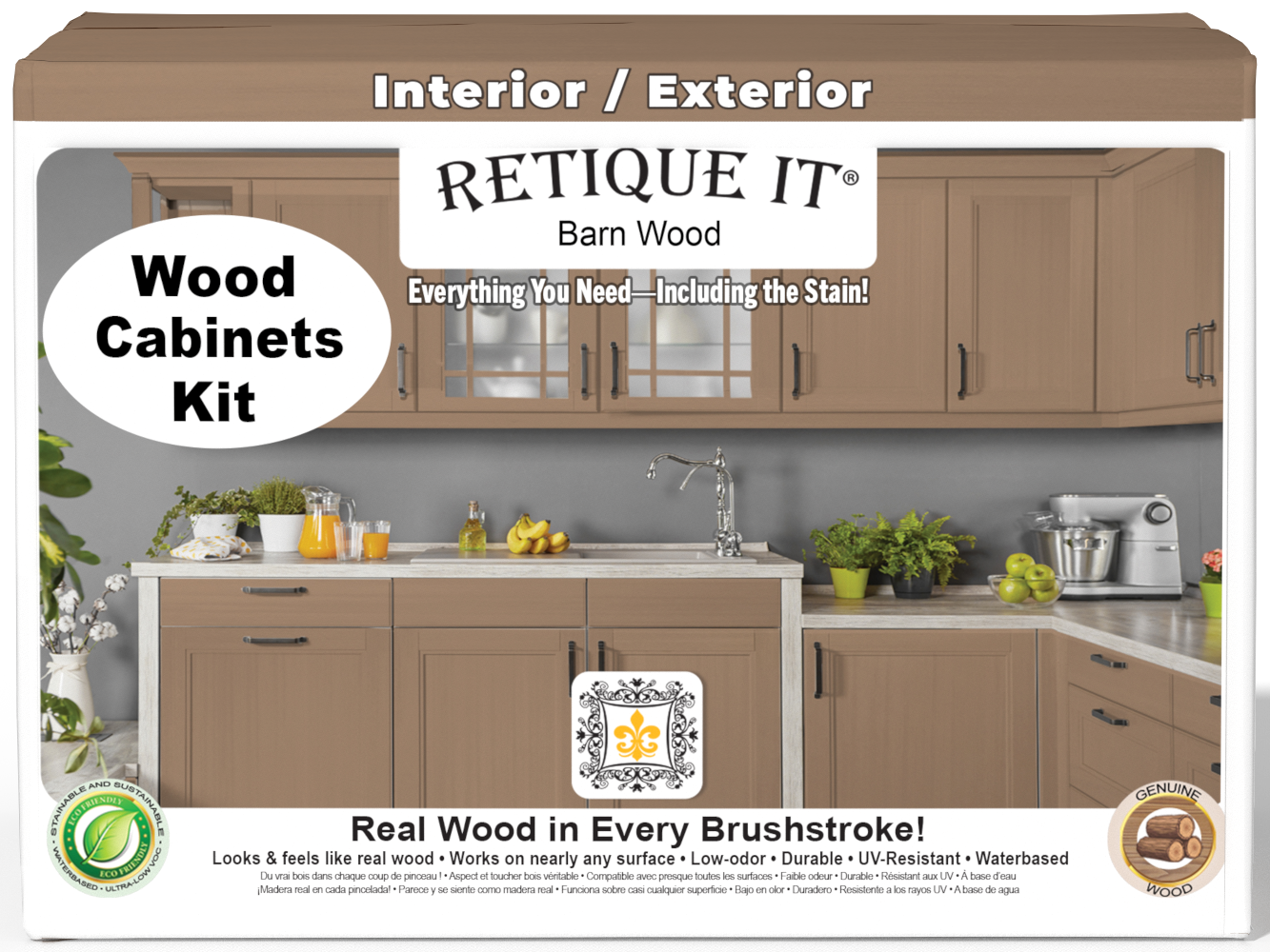 Retique It® Wood'n Cabinet Kit with 24 barn wood-style doors and smooth finish, shown on front cabinets.