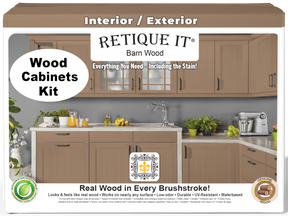 Retique It® Wood'n Cabinet Kit with 24 barn wood-style doors and smooth finish, shown on front cabinets.