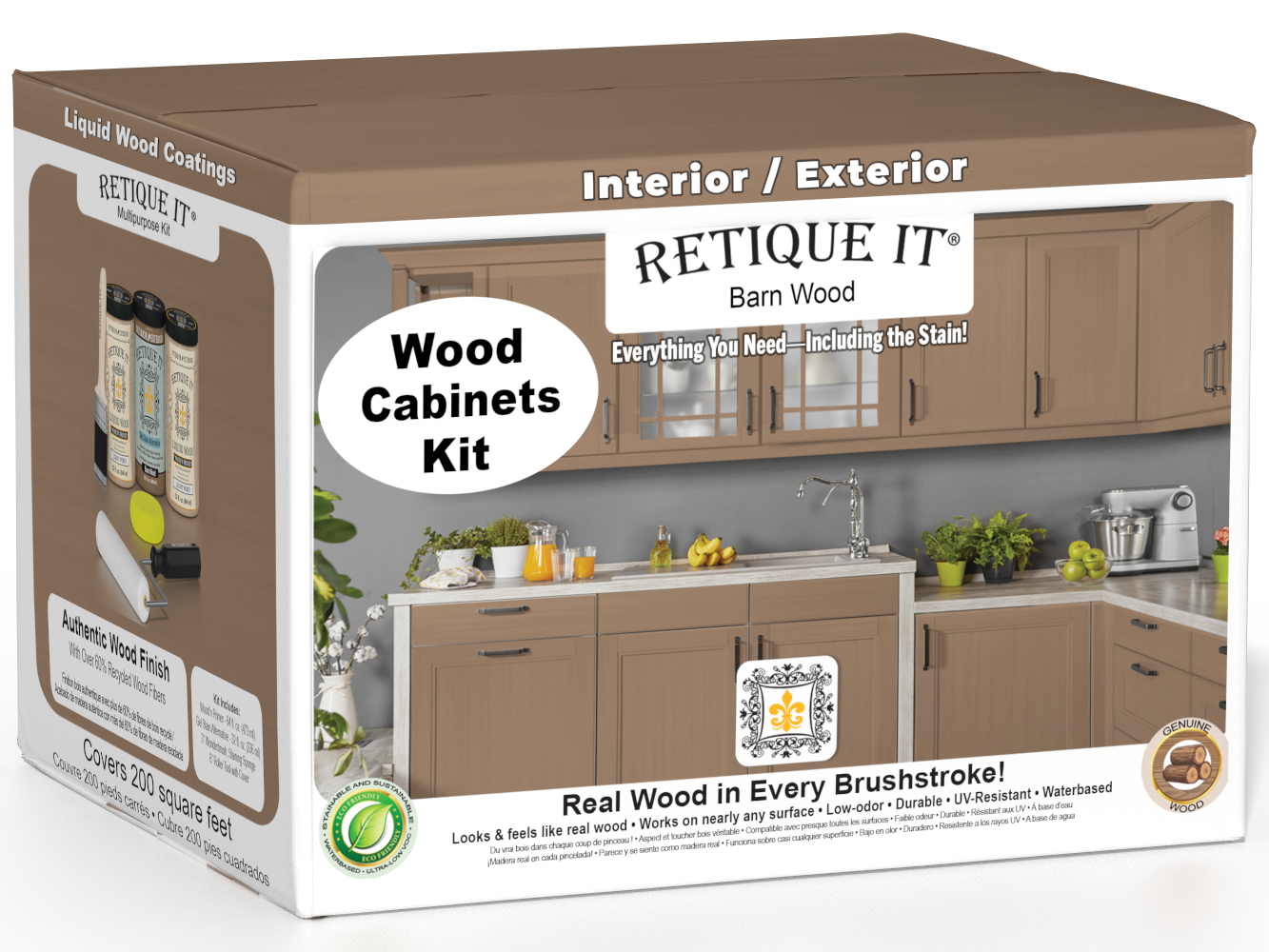 Retique It® Wood'n Cabinet Kit with 24 barn wood-style doors and smooth finish, designed for staining and cabinet renovation.