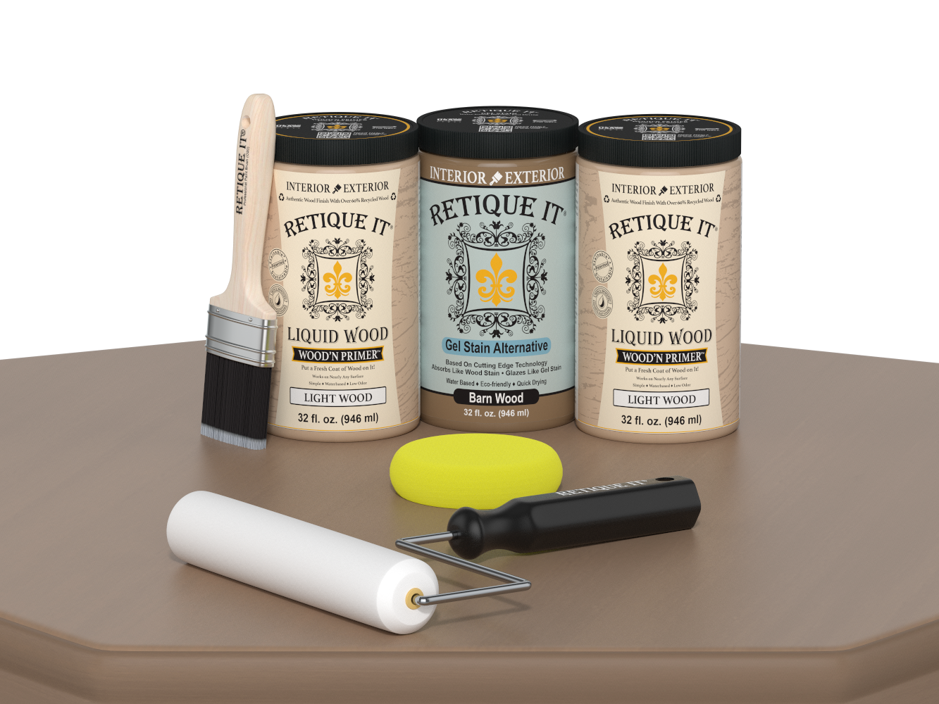 Retique It® Wood'n Cabinet Kit with 24 smooth barn wood stain doors, shown on a table for a stylish kitchen cabinet update.