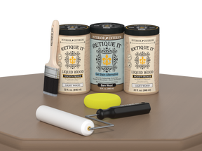 Retique It® Wood'n Cabinet Kit with 24 smooth barn wood stain doors, shown on a table for a stylish kitchen cabinet update.