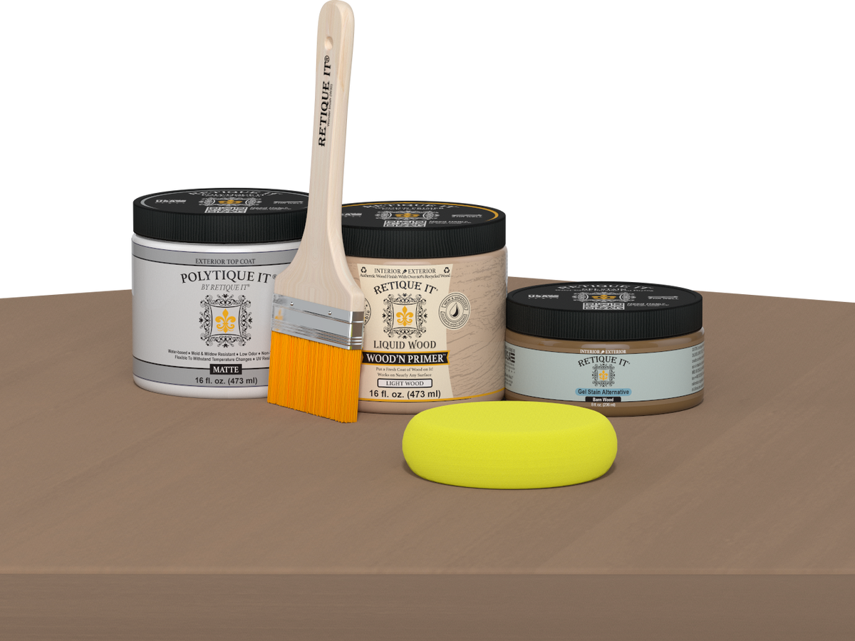 Retique It® Barn Wood Multi-purpose Smooth Finish Kit in matte, designed for exterior top coats on wood surfaces.