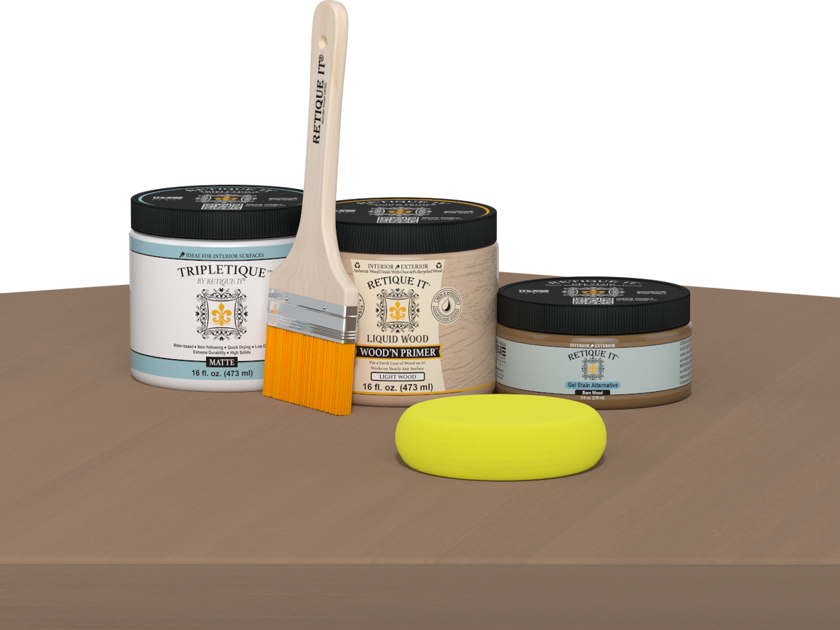 Retique It® Multi-purpose Smooth Finish Kit in Barn Wood for interior wood projects, featuring a matte top coat and application tools.