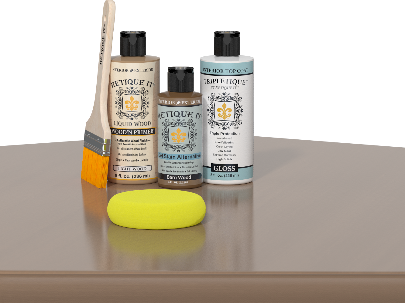 Retique It® Barn Wood kit with brush, Barn Wood stain alternative, gloss top coat, and yellow sponge on a wood surface.
