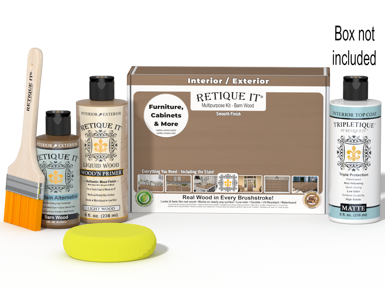Retique It® Barn Wood kit with brush, Wood’n Primer, Barn Wood stain alternative, Tripletique top coat, and box not included.