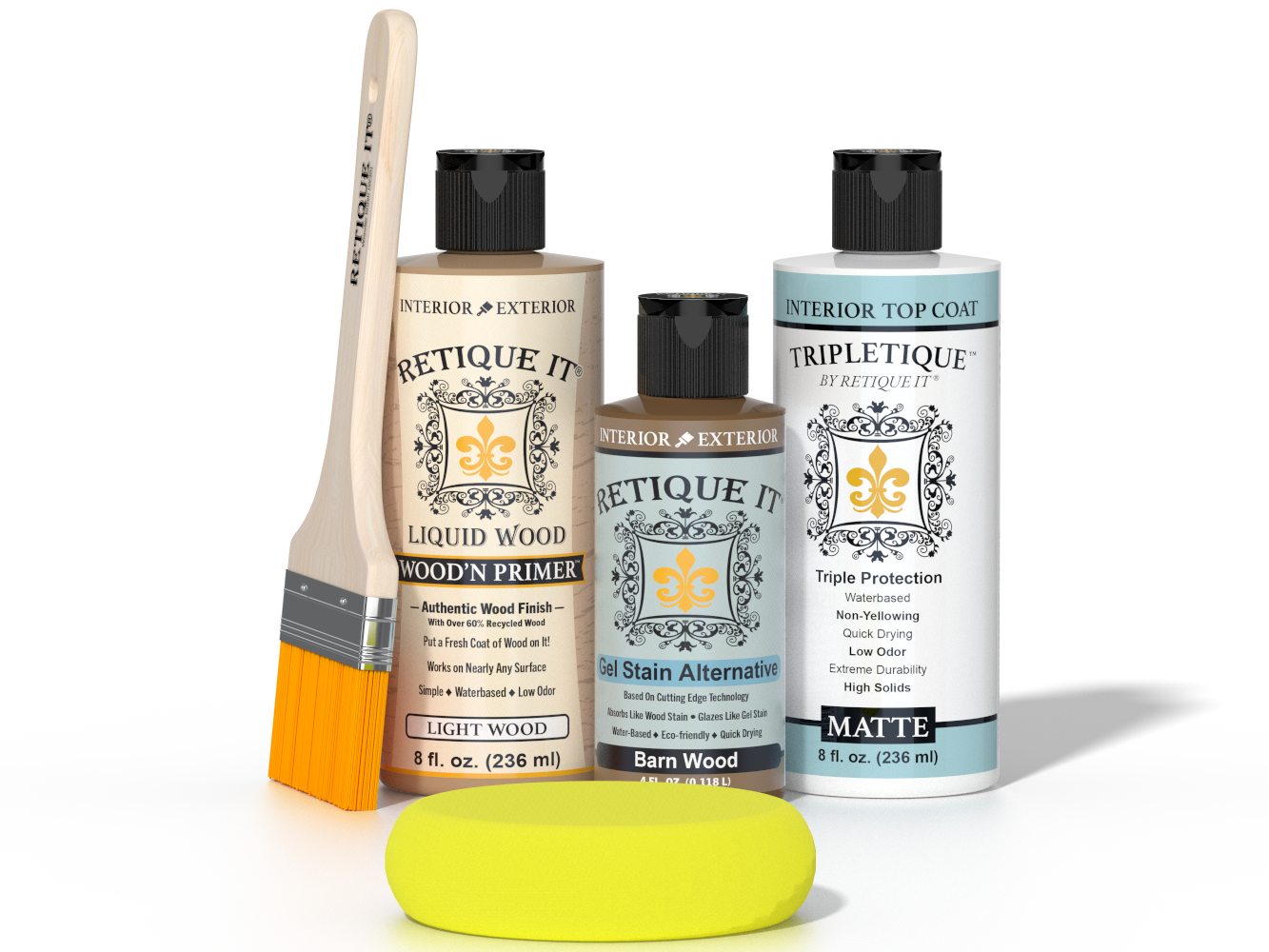 Retique It® Barn Wood kit with brush, Wood’n Primer, Barn Wood stain alternative, matte top coat, and yellow sponge on a black background.