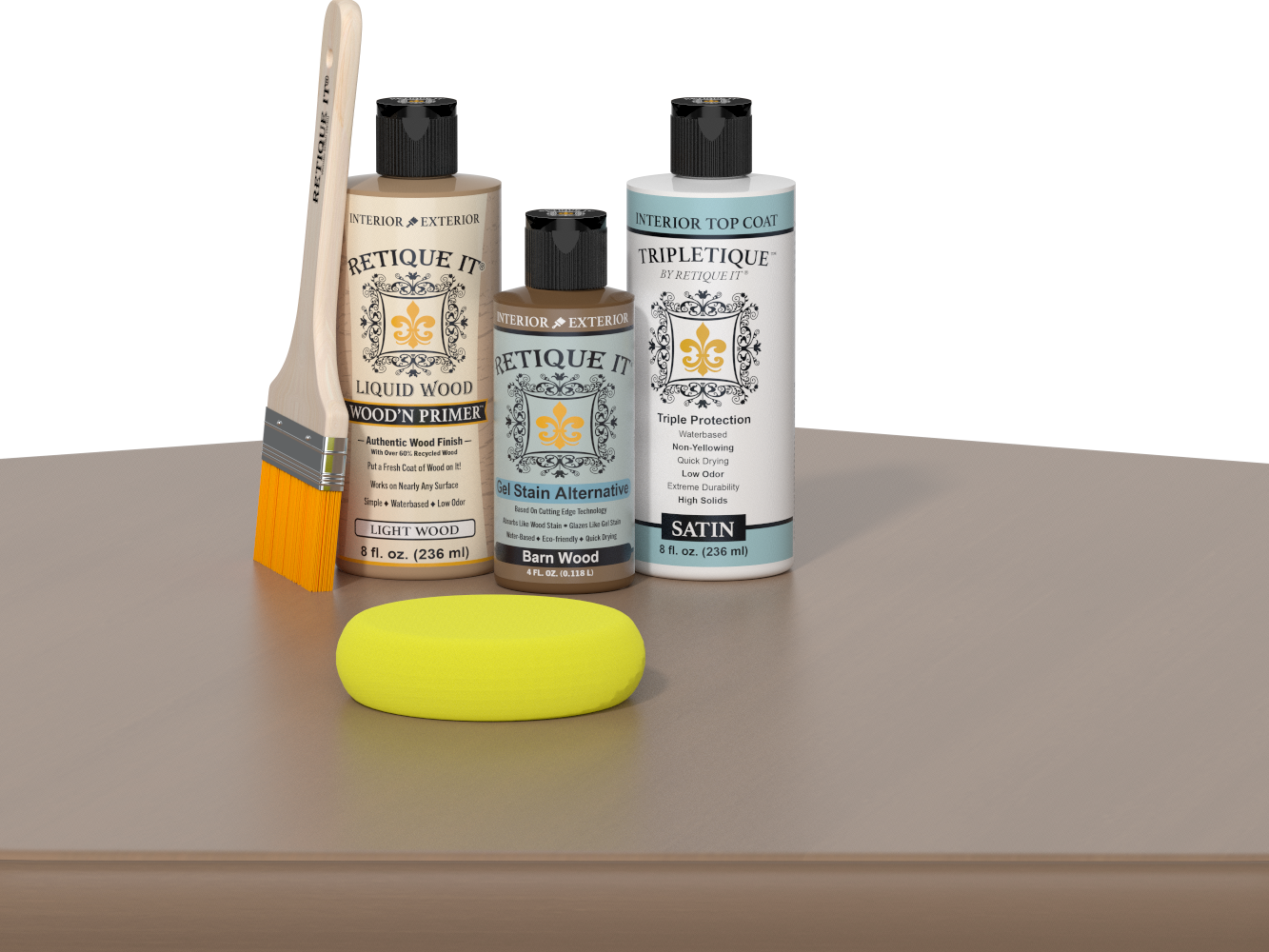 Retique It® Barn Wood kit with brush, Wood’n Primer, Barn Wood stain alternative, satin top coat, and yellow sponge on a wood surface.