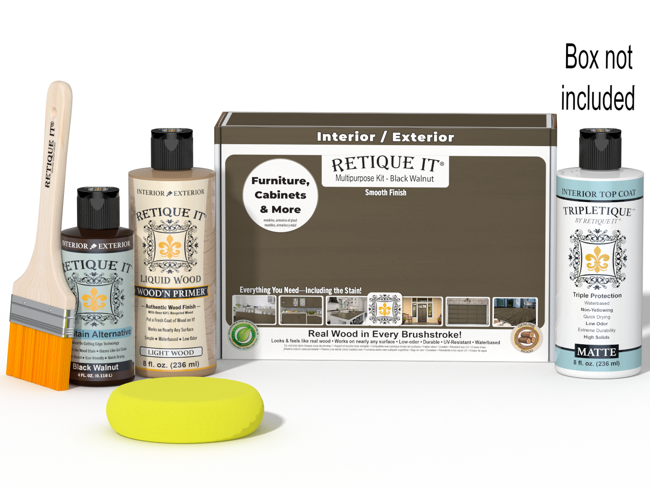Retique It® Black Walnut kit with brush, sponge, matte top coat, and box not included.