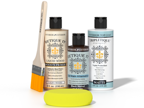Retique It® Black Walnut kit with brush, Wood’n Primer, Black Walnut stain alternative, matte top coat, and yellow sponge.