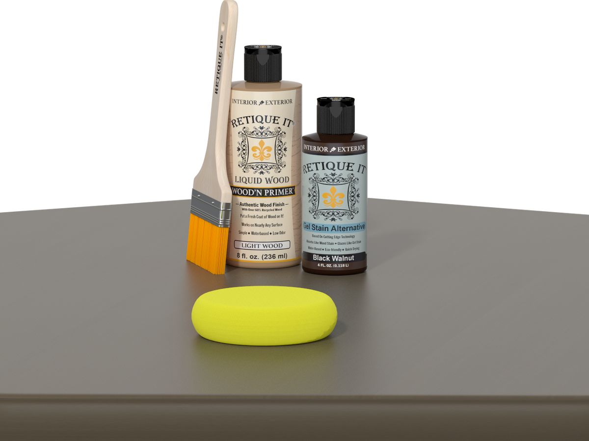 Retique It® Black Walnut Kit with Light Wood’n Primer, Black Walnut Gel Stain Alternative, paintbrush, and yellow sponge on a dark wood tabletop.