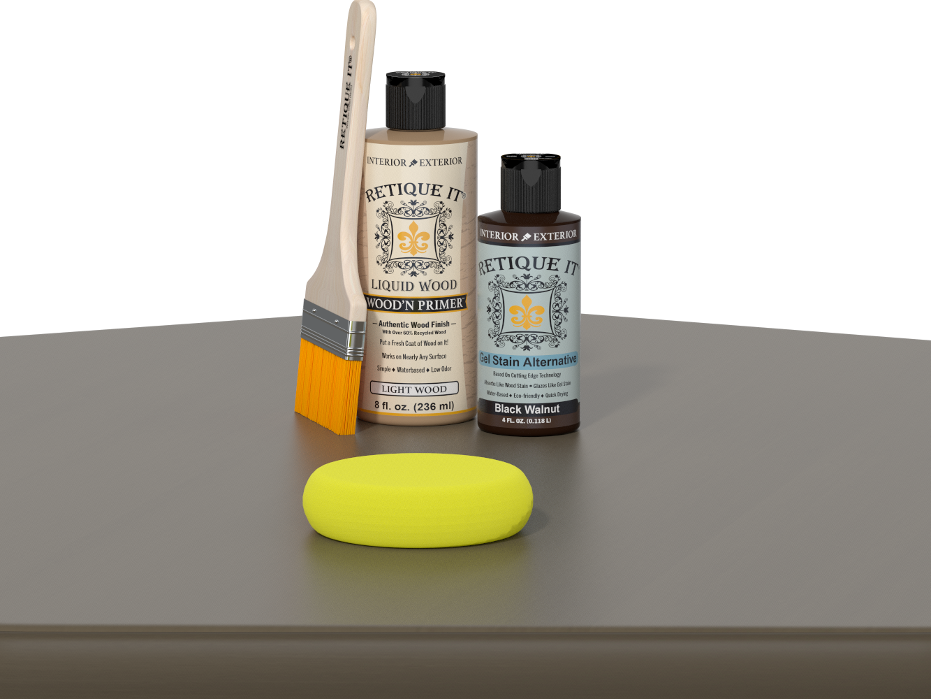 Retique It® Black Walnut Kit with Light Wood’n Primer, Black Walnut Gel Stain Alternative, paintbrush, and yellow sponge on a dark wood tabletop.