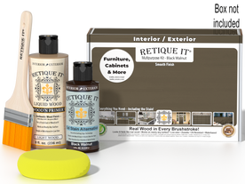 Retique It Black Walnut Kit with box, Light Wood Wood'n Primer, Black Walnut Gel Stain Alternative, paintbrush, and yellow sponge.