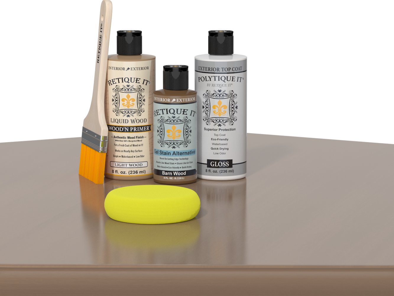 Retique It® Light Wood kit with brush, Wood’n Primer, gloss top coat, and yellow sponge on a reflective surface.