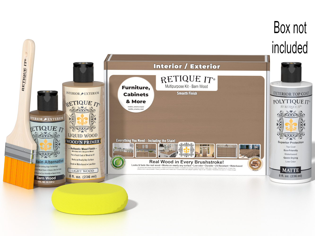Retique It® Barn Wood kit with brush, Wood’n Primer, Barn Wood stain alternative, matte top coat, yellow sponge, and box not included.