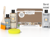 Retique It® Barn Wood kit with brush, Wood’n Primer, Barn Wood stain alternative, matte top coat, yellow sponge, and box not included.
