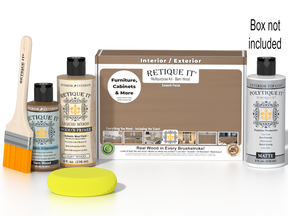 Retique It® Barn Wood kit with brush, Wood’n Primer, Barn Wood stain alternative, matte top coat, yellow sponge, and box not included.