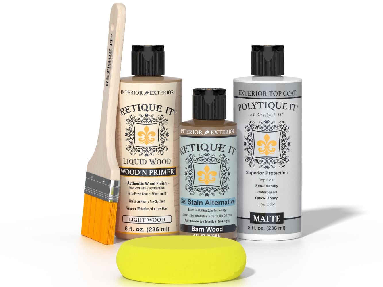 Retique It® Barn Wood kit with brush, Wood’n Primer, Barn Wood stain alternative, matte top coat, and yellow sponge.