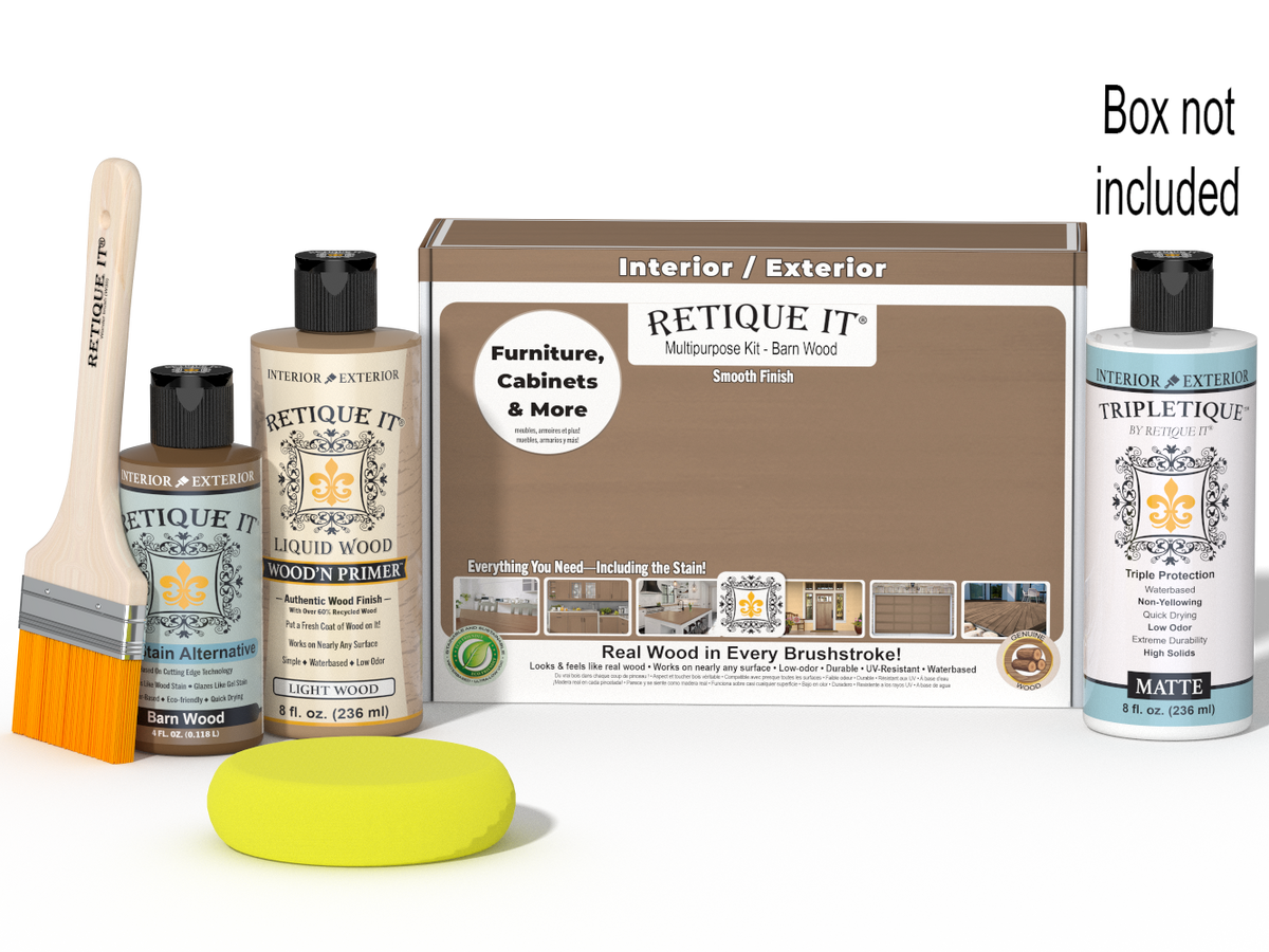 Retique It wood finish kit with a brown box, two bottles of liquid wood finish, a brush, a yellow sponge, and a bottle of Tripletique Matte protection, shown on a white background with text reading 'Box not included'.