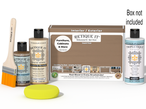 Retique It wood finish kit with a brown box, two bottles of liquid wood finish, a brush, a yellow sponge, and a bottle of Tripletique Matte protection, shown on a white background with text reading 'Box not included'.