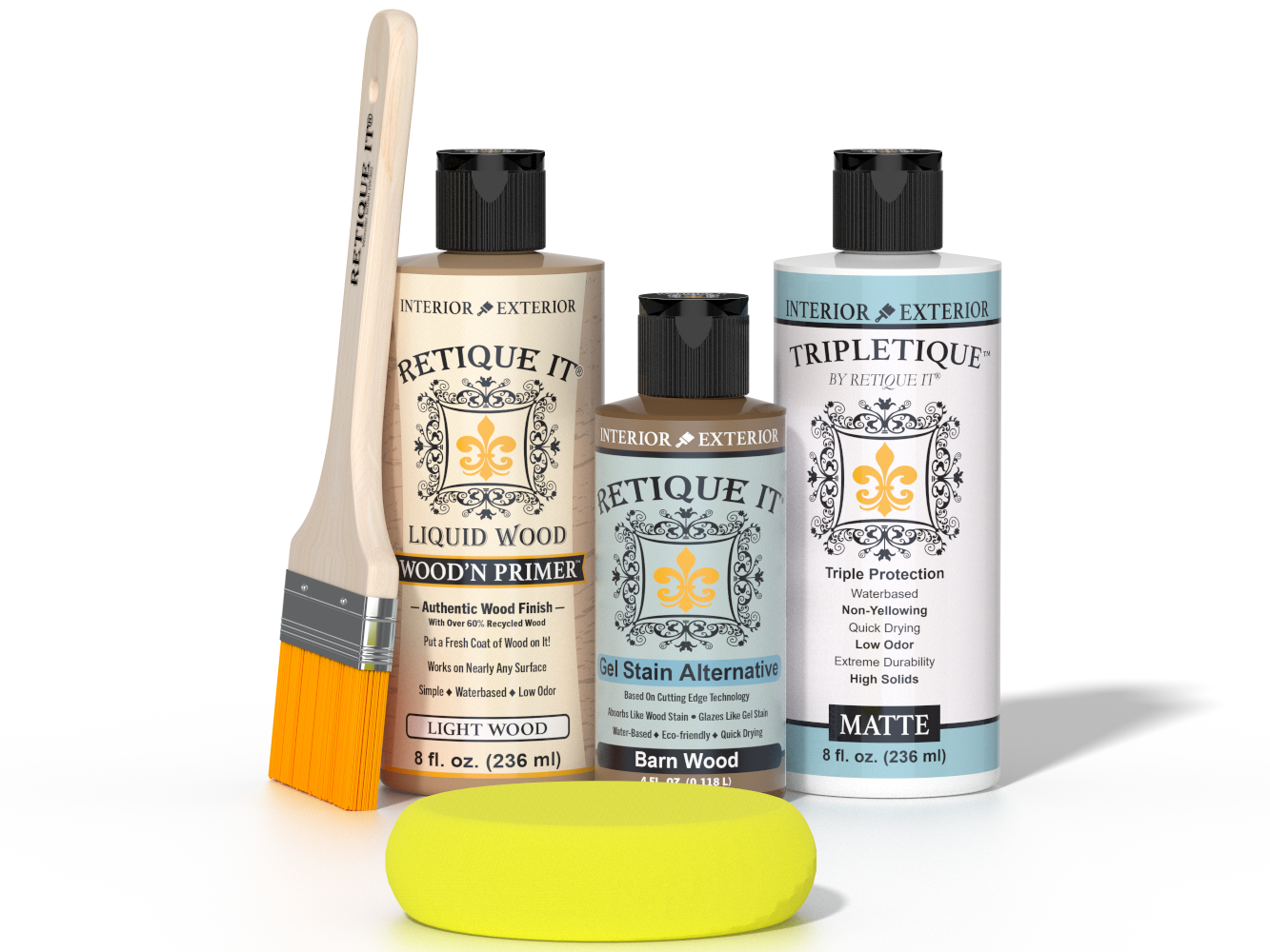 Retique It Barn Wood finishing kit with PolyTique It Matte top coat, Liquid Wood Wood'n Primer, Barn Wood Gel Stain Alternative, paintbrush, and yellow sponge.