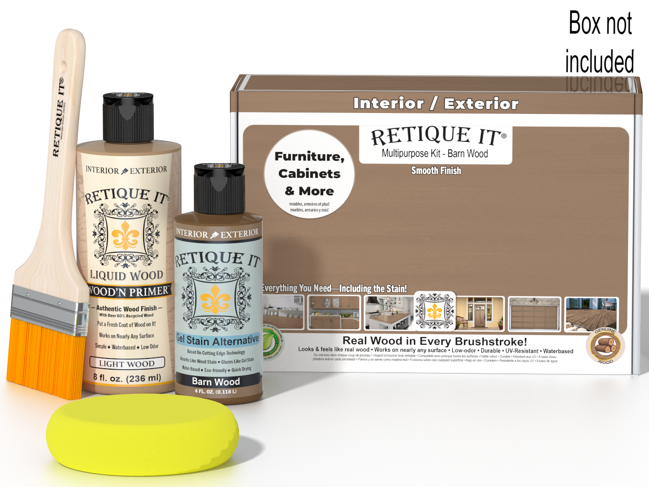 A product kit for wood finish retreating, featuring two bottles of RETIQUE IT Liquid Wood (one Light Wood, one Barn Wood), a brush, and a yellow sponge, alongside a brown product box. A text overlay in the top right corner reads 'Box not included'.