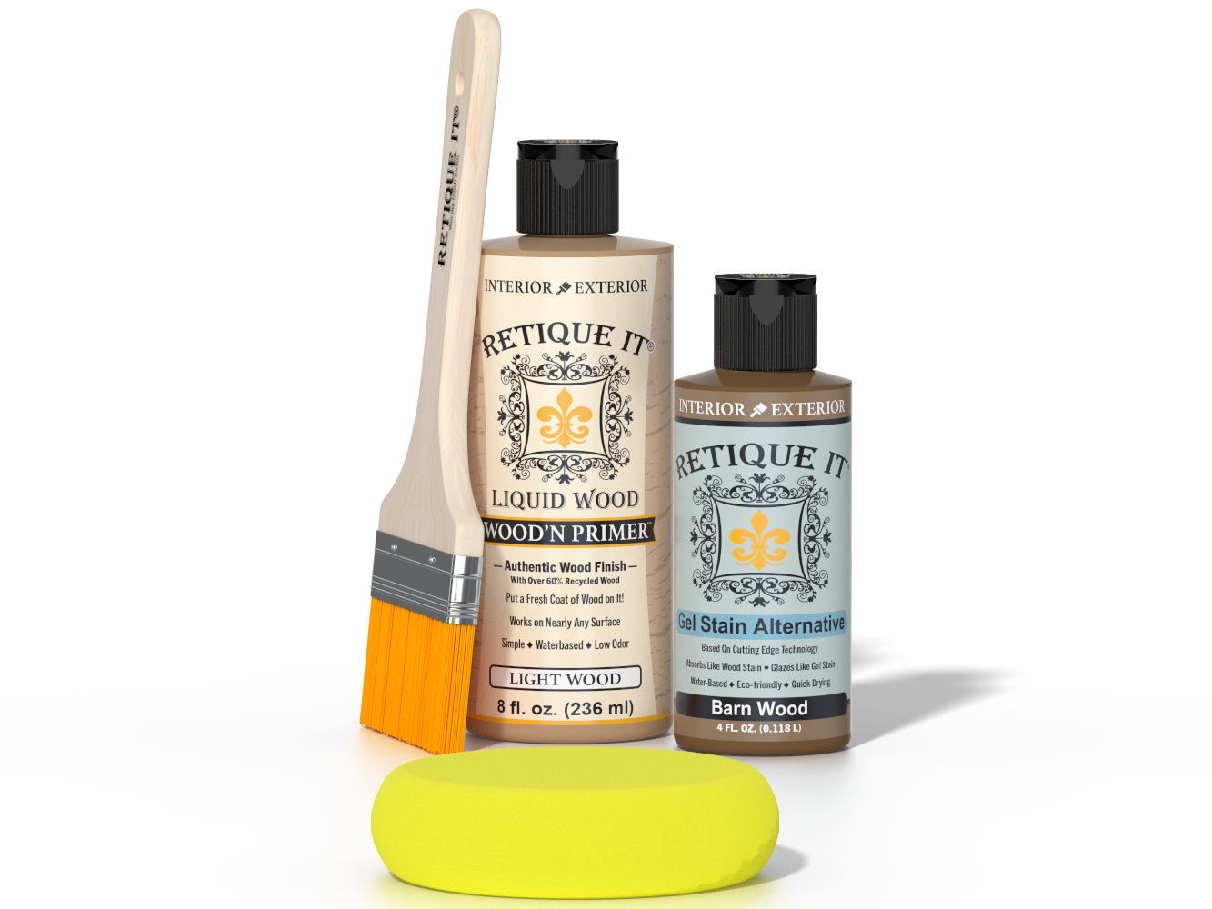 Retique It® Light Wood kit with brush, Wood’n Primer, Barn Wood stain alternative, and yellow sponge.