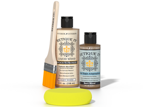 Retique It® Light Wood kit with brush, Wood’n Primer, Barn Wood stain alternative, and yellow sponge.