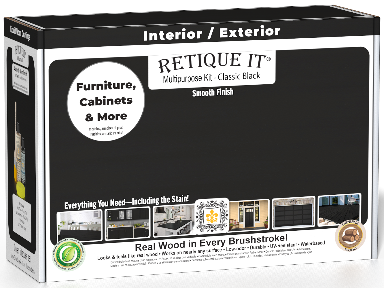 Retique It® Classic Black Brush-On Multipurpose Kit box featuring a classic black finish and project examples for furniture, cabinets, doors, decks, and more.