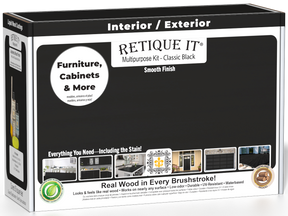 Retique It® Classic Black Brush-On Multipurpose Kit box featuring a classic black finish and project examples for furniture, cabinets, doors, decks, and more.