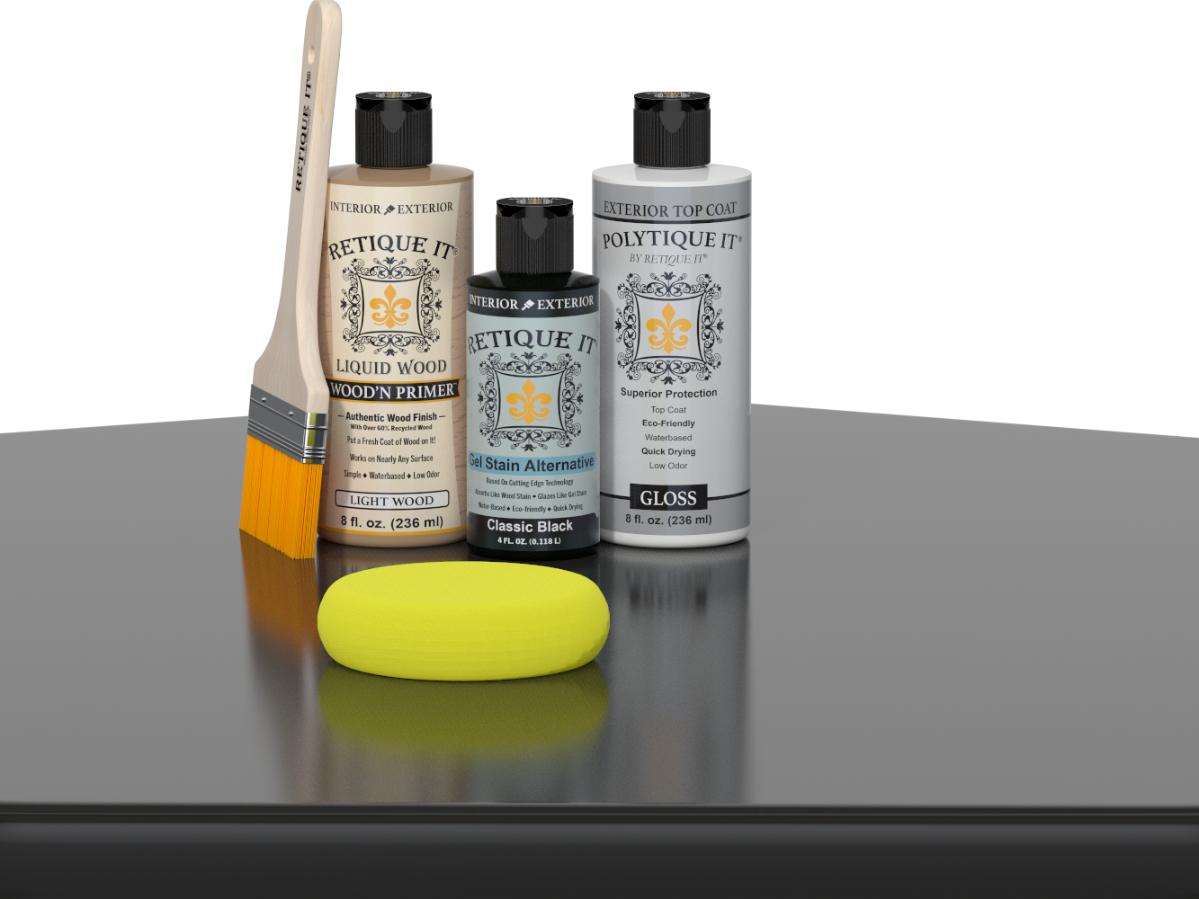 Retique It® Classic Black Brush-On Kit with Gloss PolyTique® includes a brush, Light Wood primer, Classic Black Gel Stain Alternative, Gloss PolyTique® top coat, and a yellow sponge.